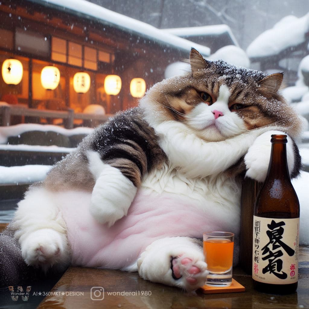 AI generated: Real adorable chubby cat with tattoos, enjoying snowy weather, sippingsake, soaking in a hot spring,...