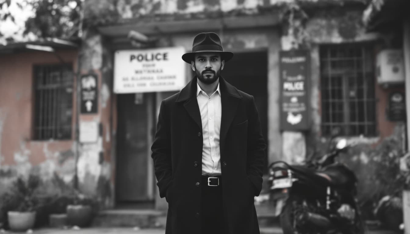 AI generated:  high definition black n white - camera shot from front- a man in black coat and hat standing outsid...