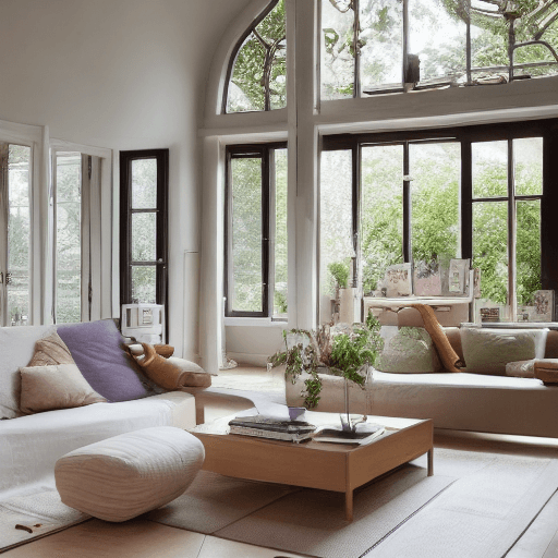 AI generated: High resolution photography interior design, dreamy sunken living room conversation pit, wooden floo...