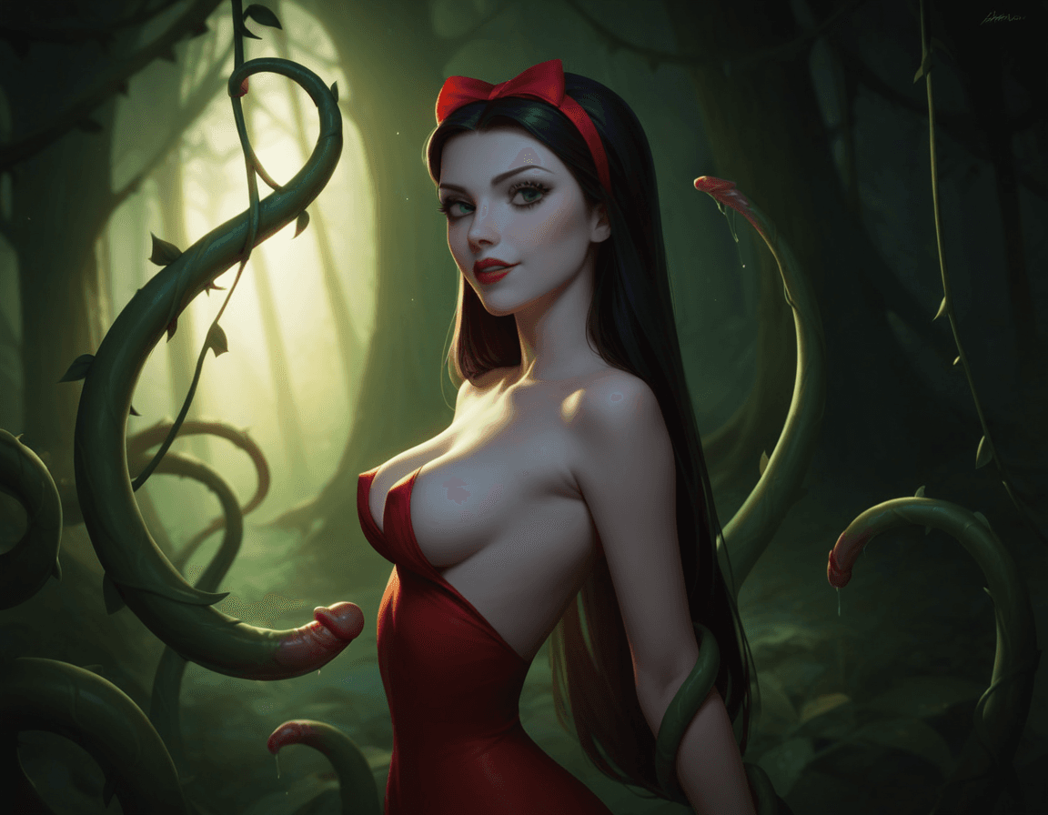 AI generated: score_9, score_8_up, score_7_up, Disney, Snow White, adult theme, enchanted forest, revealing dress,...