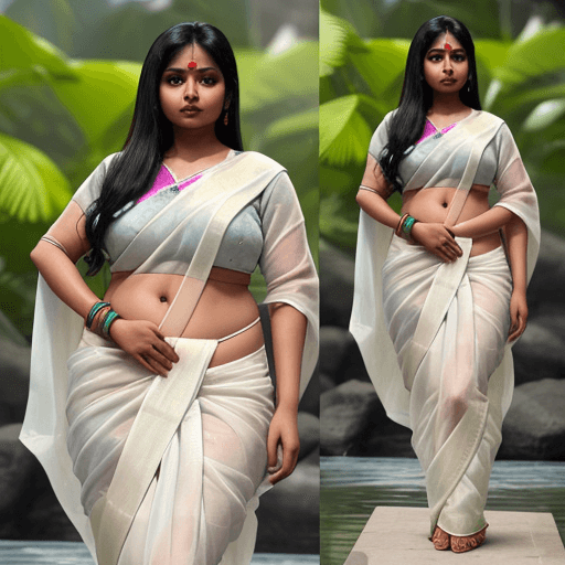 AI generated: an Indian woman in wet saree, white  blouse, with little chubby body structure, natural colors,