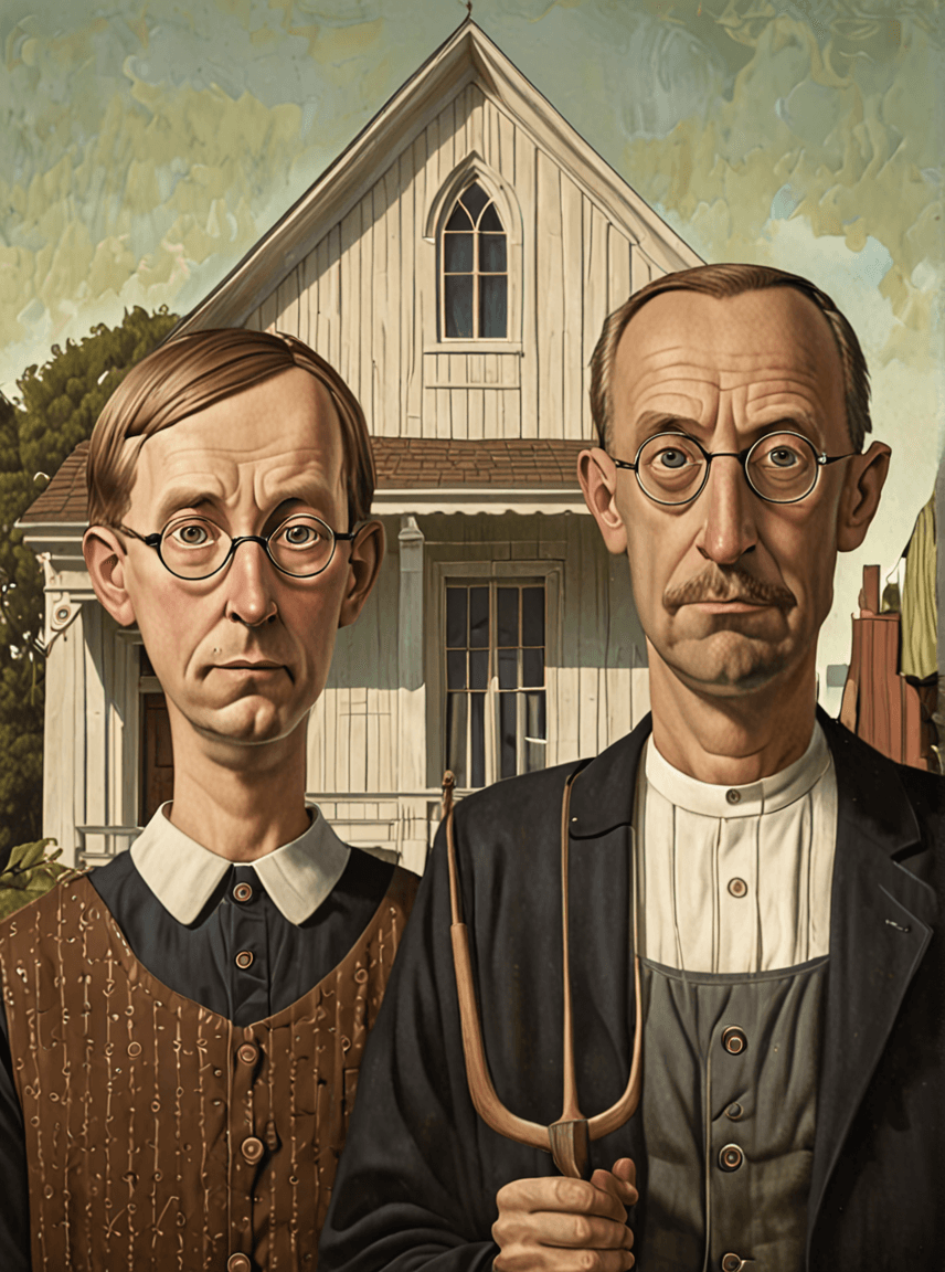 AI generated: a painting of American gothic of Grant Wood , two men, character caricatures