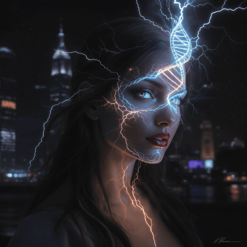 AI generated: A cinematic woman portrait in a futuristic New York night scene, with her face partially transformed...