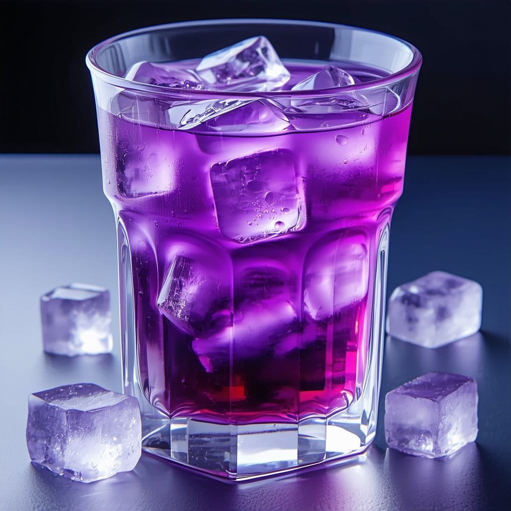 AI generated: the most majestic, godly, heaven cup of purple clear liquid with slight carbonation and ice cubes
