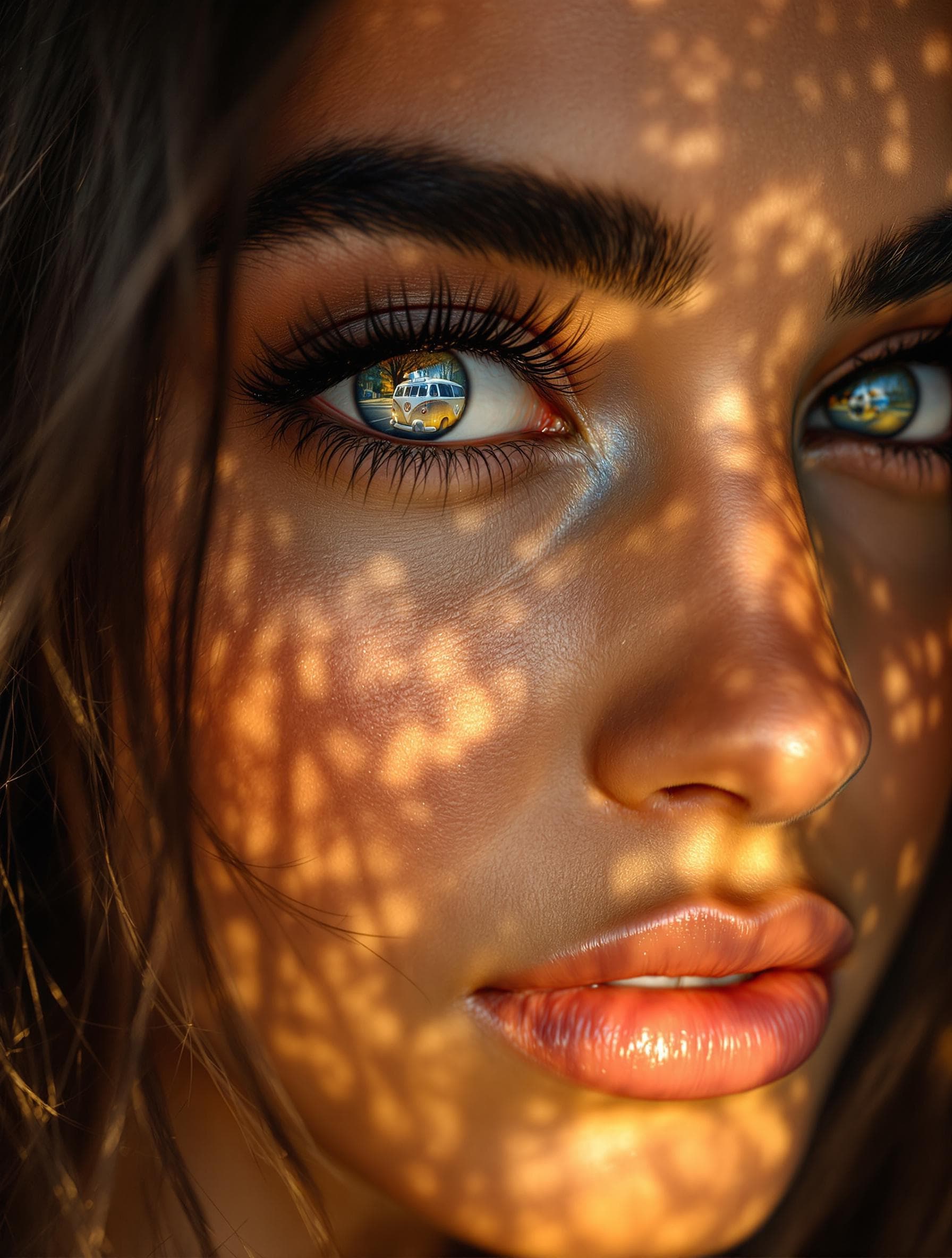 AI generated: a photo realistic close up photo of a beautiful Brazilian dark haired woman's  complete  face and ey...