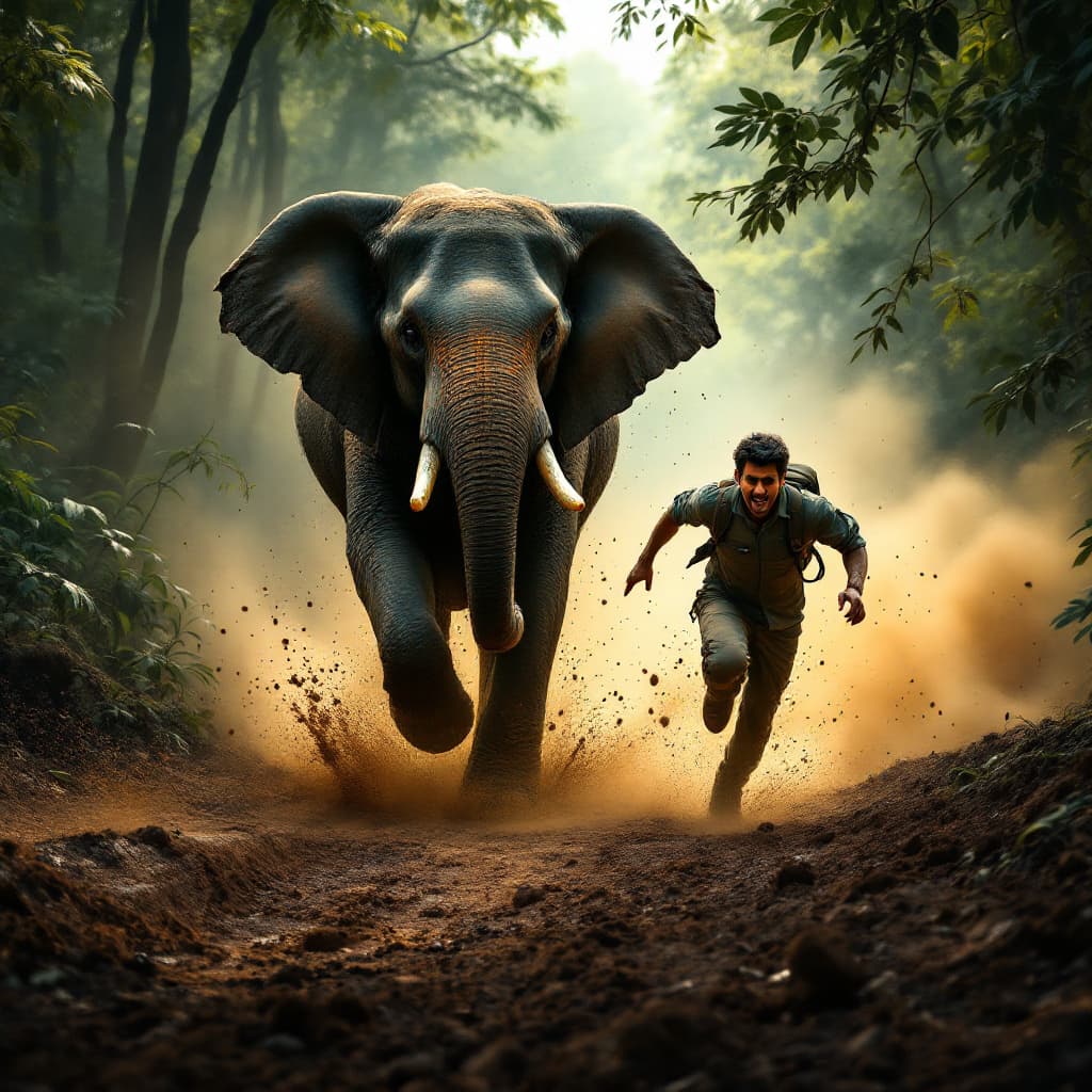 AI generated: Create a dramatic and dynamic image set in a deep Kerala forest, depicting an elephant running behin...