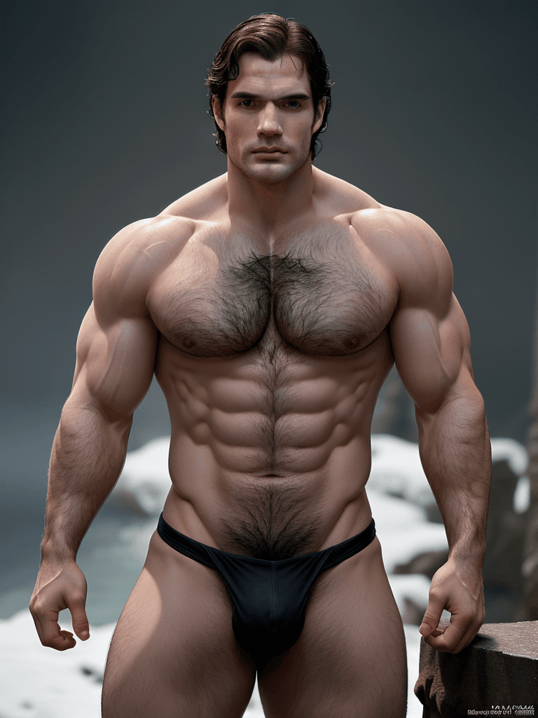 AI generated: Henry Cavill ((full nude frontal body)), big muscles and thick dick, in his thirties, fully unclothe...