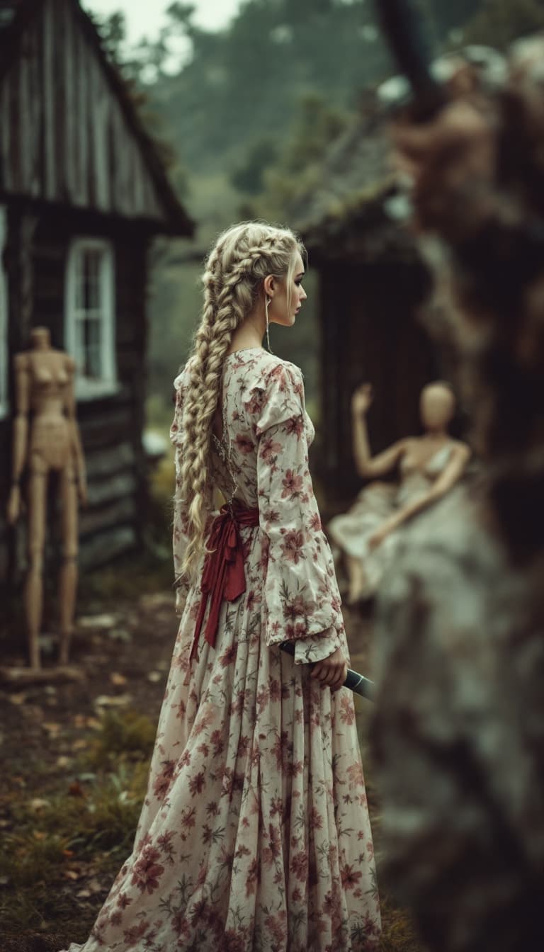 AI generated: full body view of A very beautiful minute blonde woman with braids, flowery dress, barefoot (((show ...