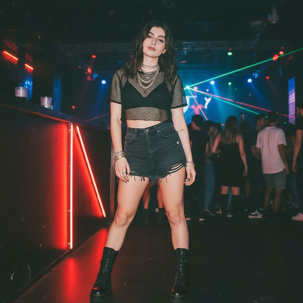 AI generated: Pic of her in the club in her clubbing outffit, pose and fit matching the location. camera grain sim...