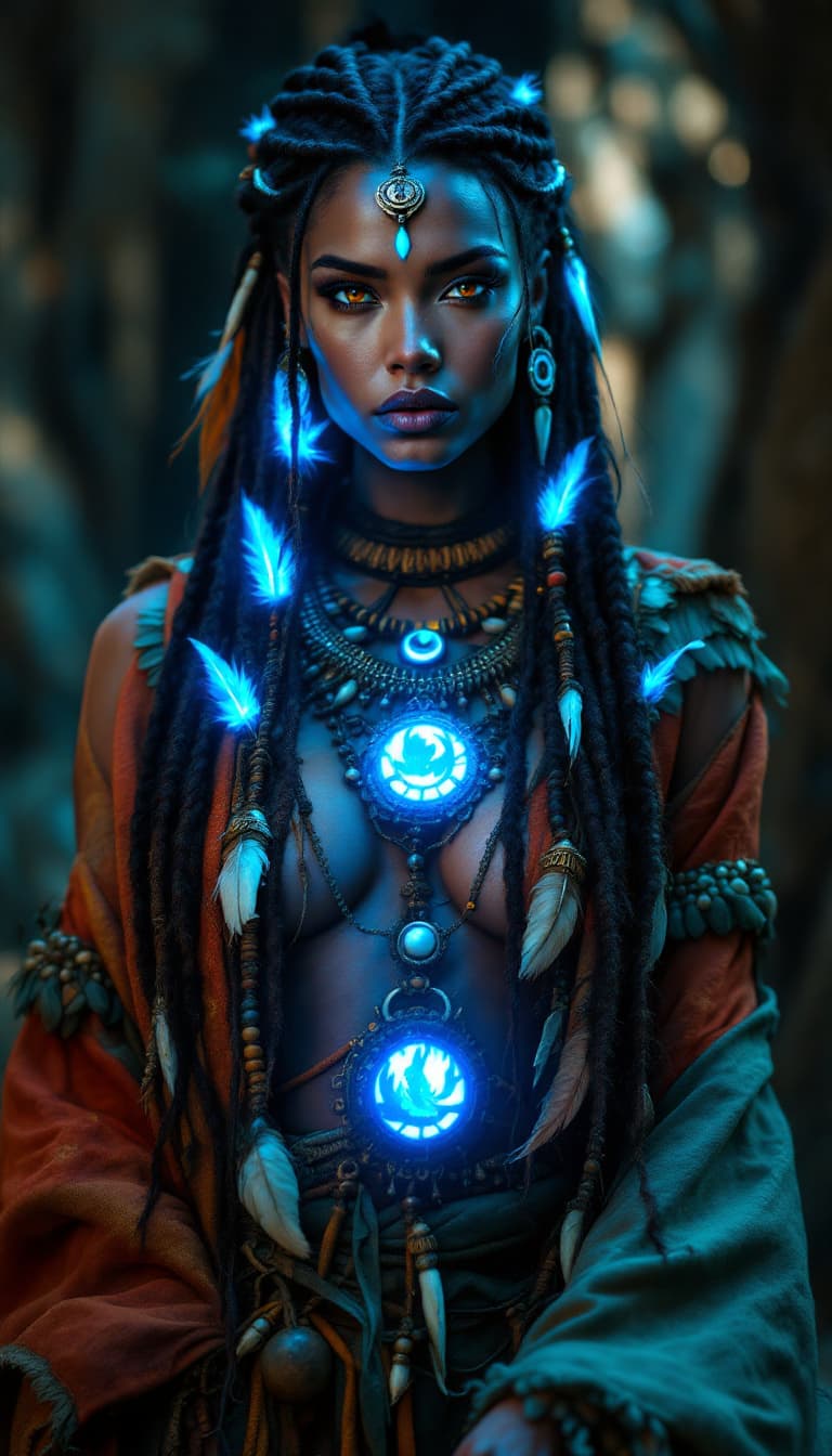 AI generated: An ultra-realistic, full-body portrait of a captivating tribal shaman woman, radiating primal power ...