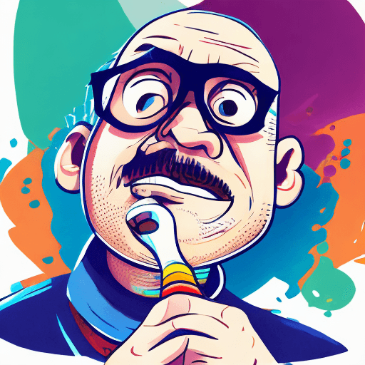 AI generated: Low angle shot looking up at a man knitting, he has a determined expression on his face cartoon styl...