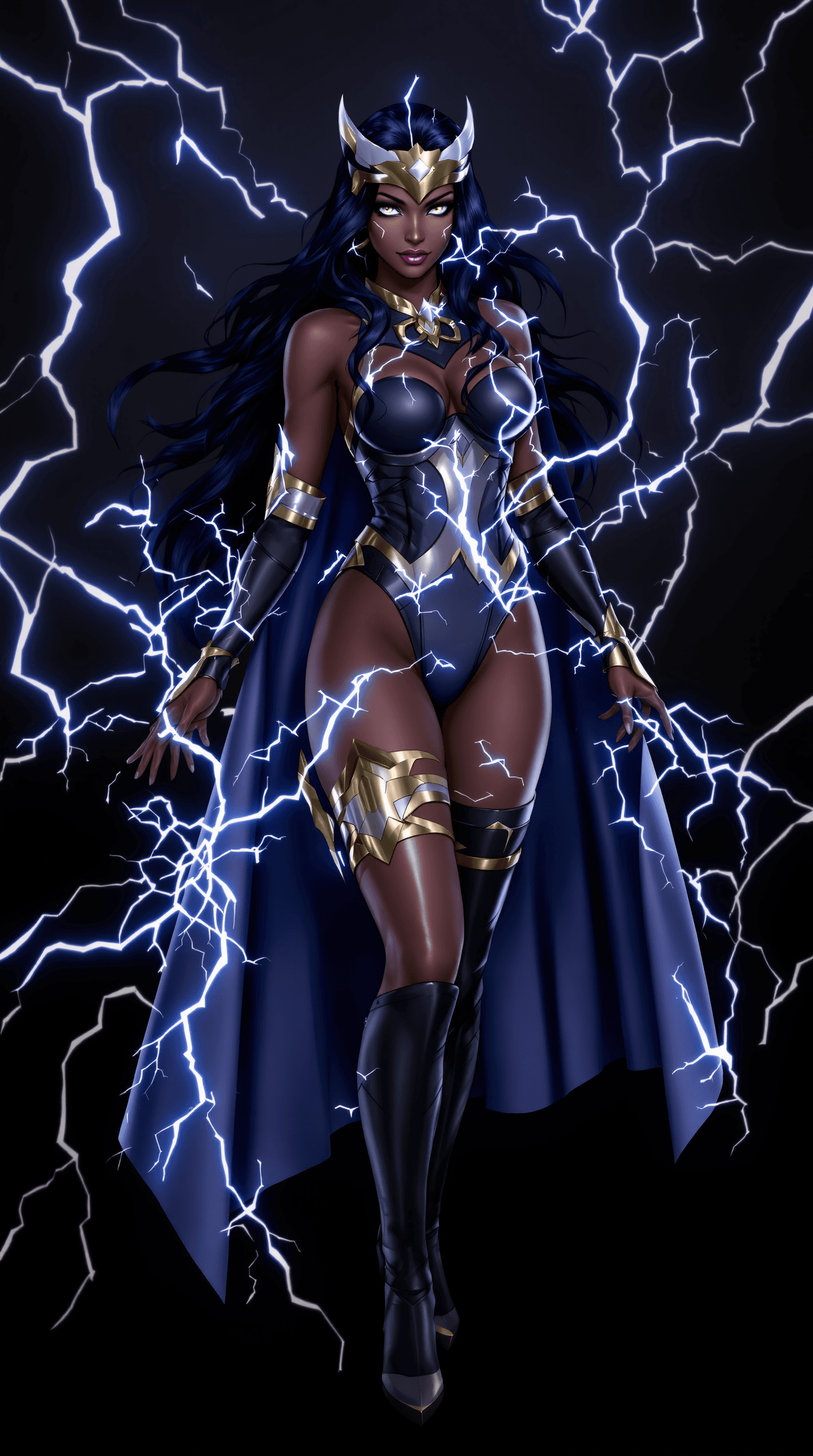 AI generated: <lora:Storm ClassicIlluLora:1> bracer, cape, dark-skinned female, electricity, headgear, highleg, le...
