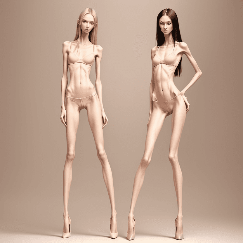 AI generated: photo of two an extremely skinny, flat-chested model with extreme long and skinny legs with extreme ...