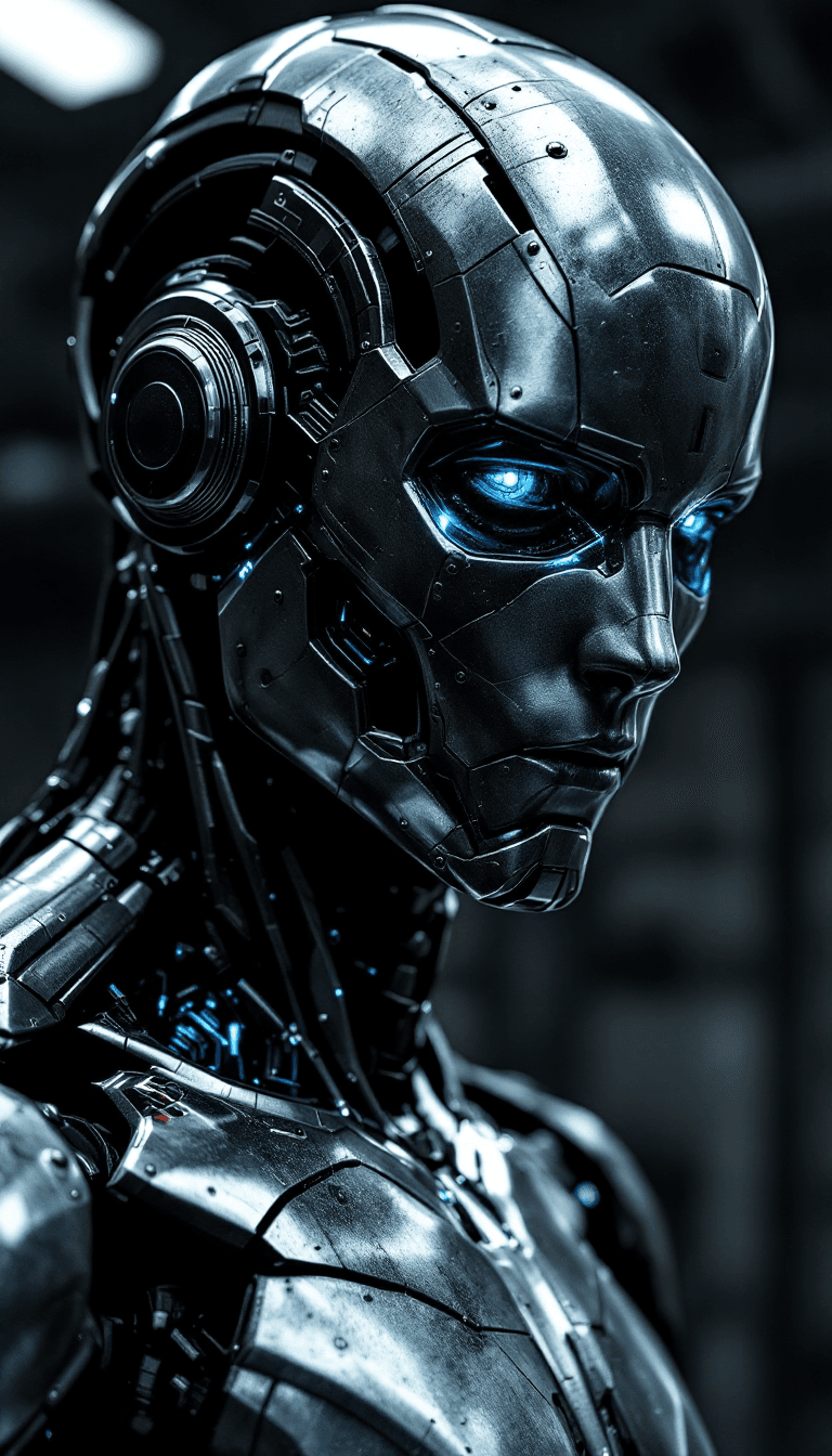 AI generated: A gritty digital photograph of an advanced humanoid robot, designed to mimic a male form, shown in a...