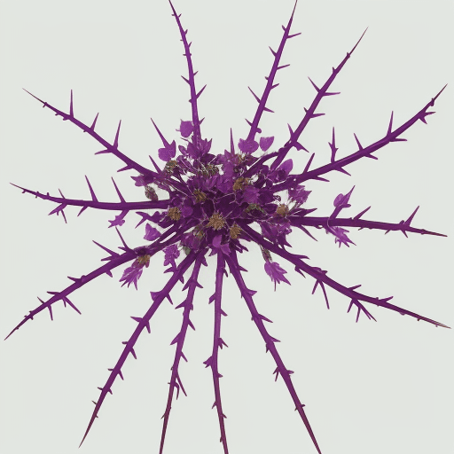 AI generated: plant branches of multicolored thorns, with a single purple-green flower