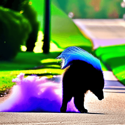 AI generated: skunk furry with purple fur, blue hair, forcing a feral dog to suck his penis,