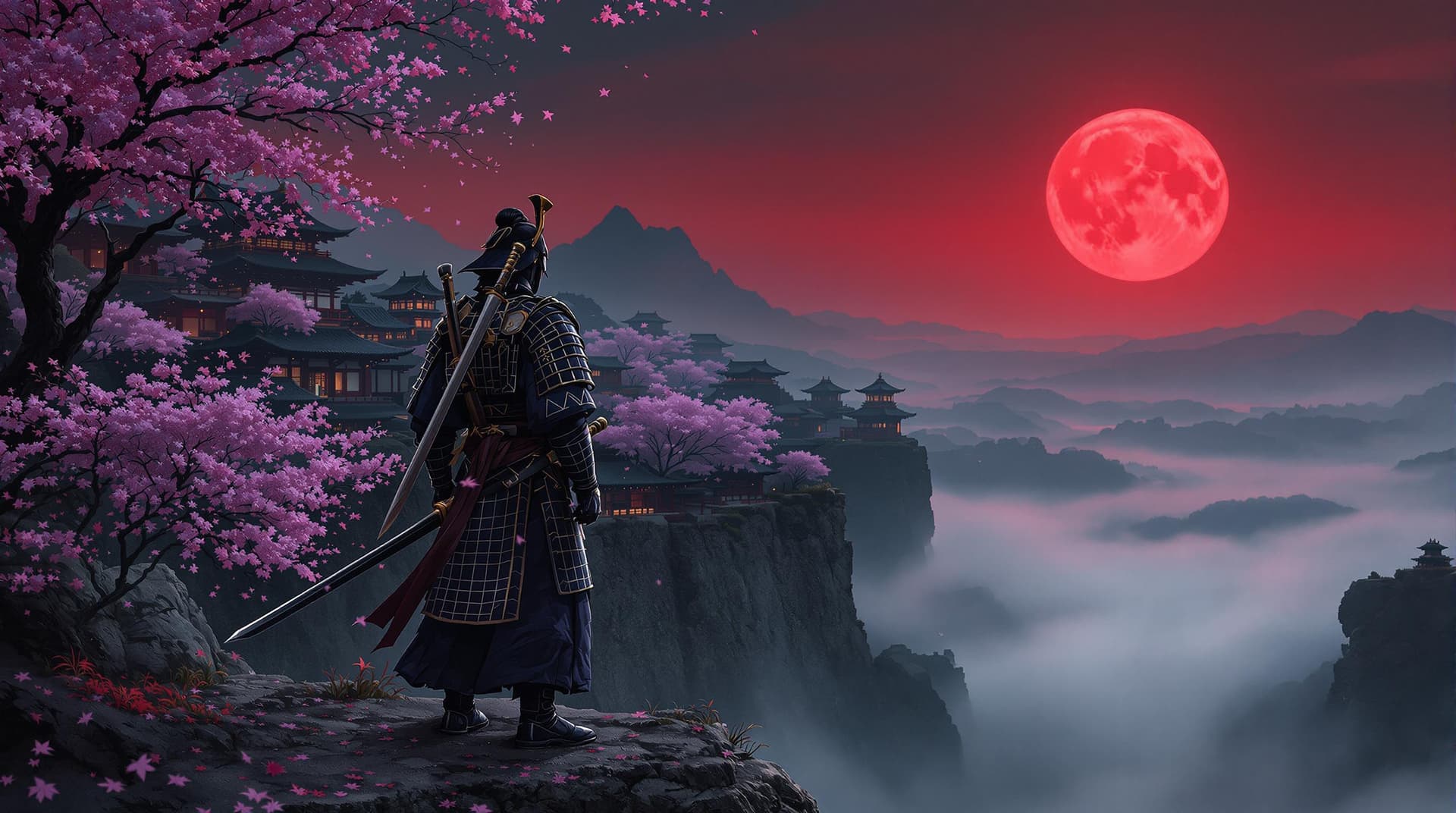 AI generated: a portrait of an ancient Japanese samurai warrior holding his sword on his shoulder standing on a cl...