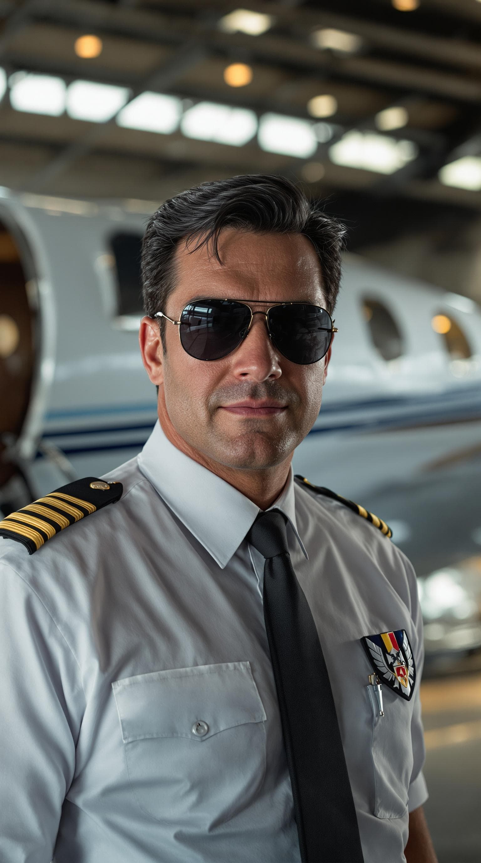 AI generated: A hyper-realistic portrait of a retro-styled airline pilot inspired by Glenn Quagmire; exaggerated s...