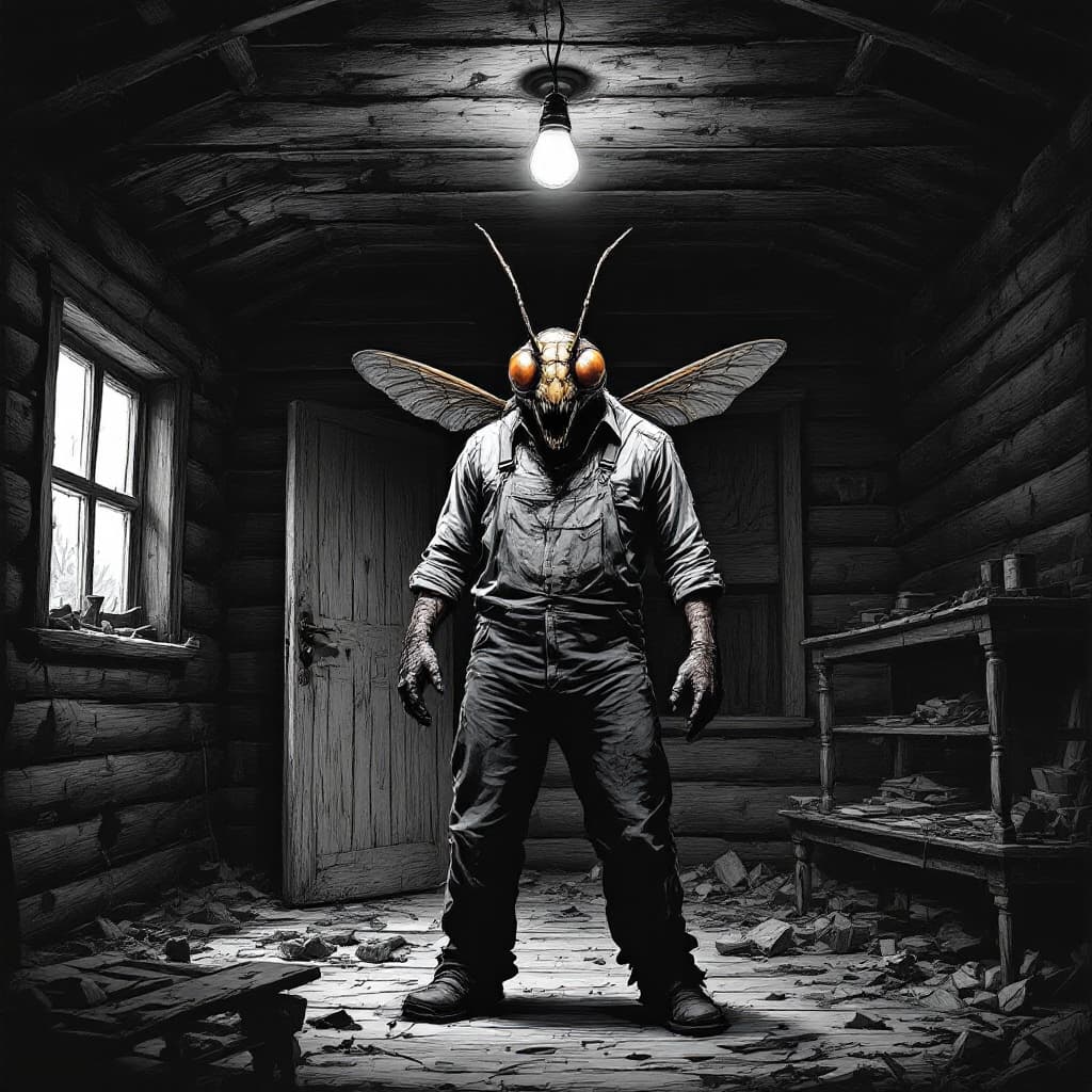 AI generated: A menacing scene inside a run-down log cabin, dimly lit by a single flickering light bulb hanging fr...