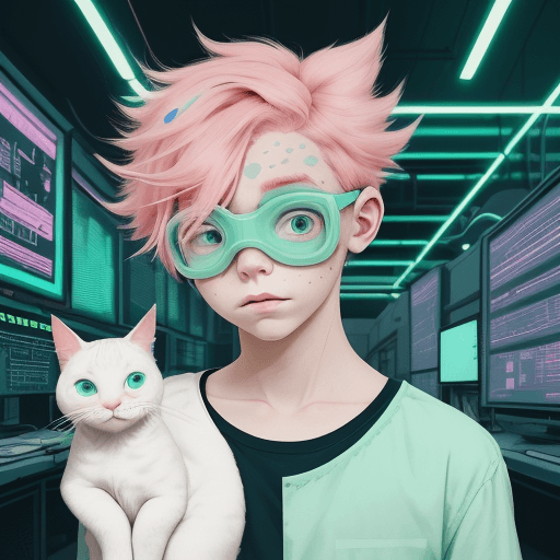 AI generated: An illustration of a quirky boy with pink hair and VR head set, in the style of Flat shading,inside ...