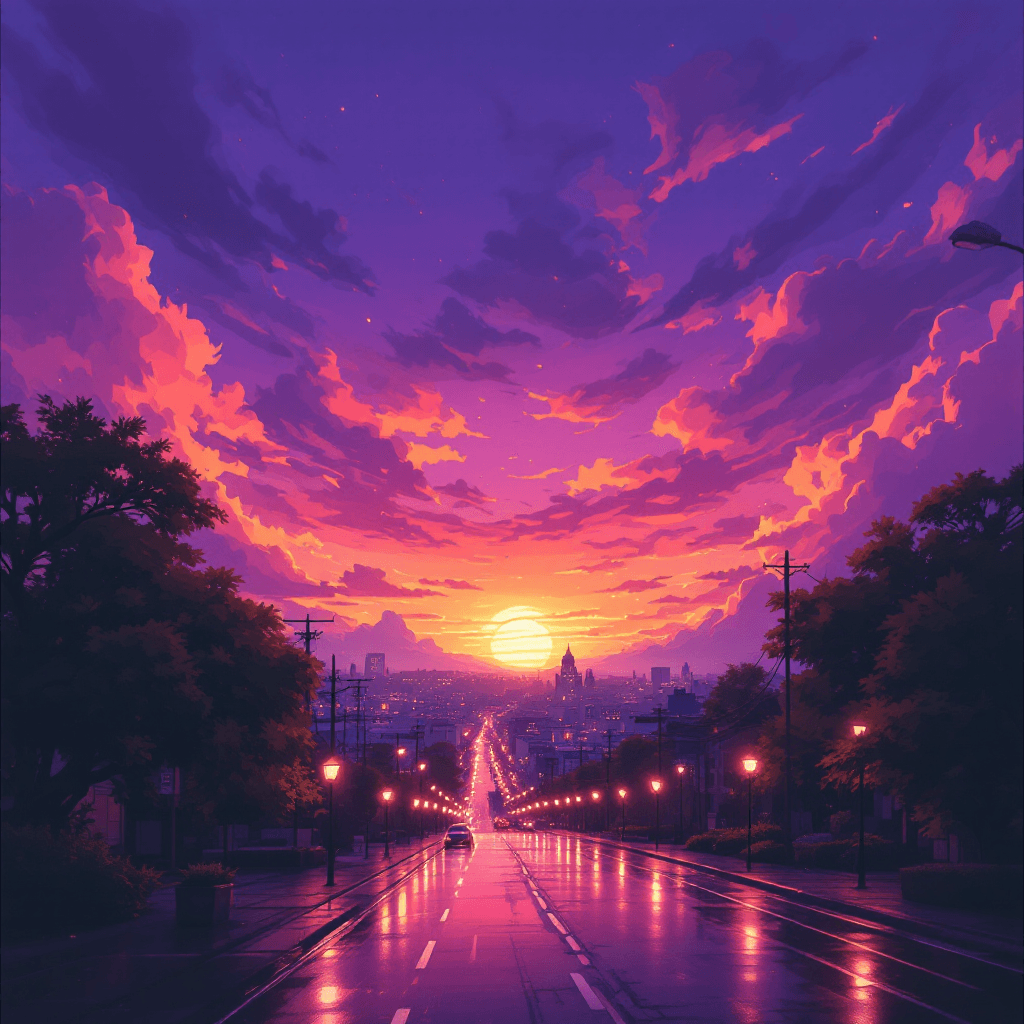 AI generated: vibrant animated landscape at dusk, featuring a dramatic purple sky with swirling clouds and vivid o...