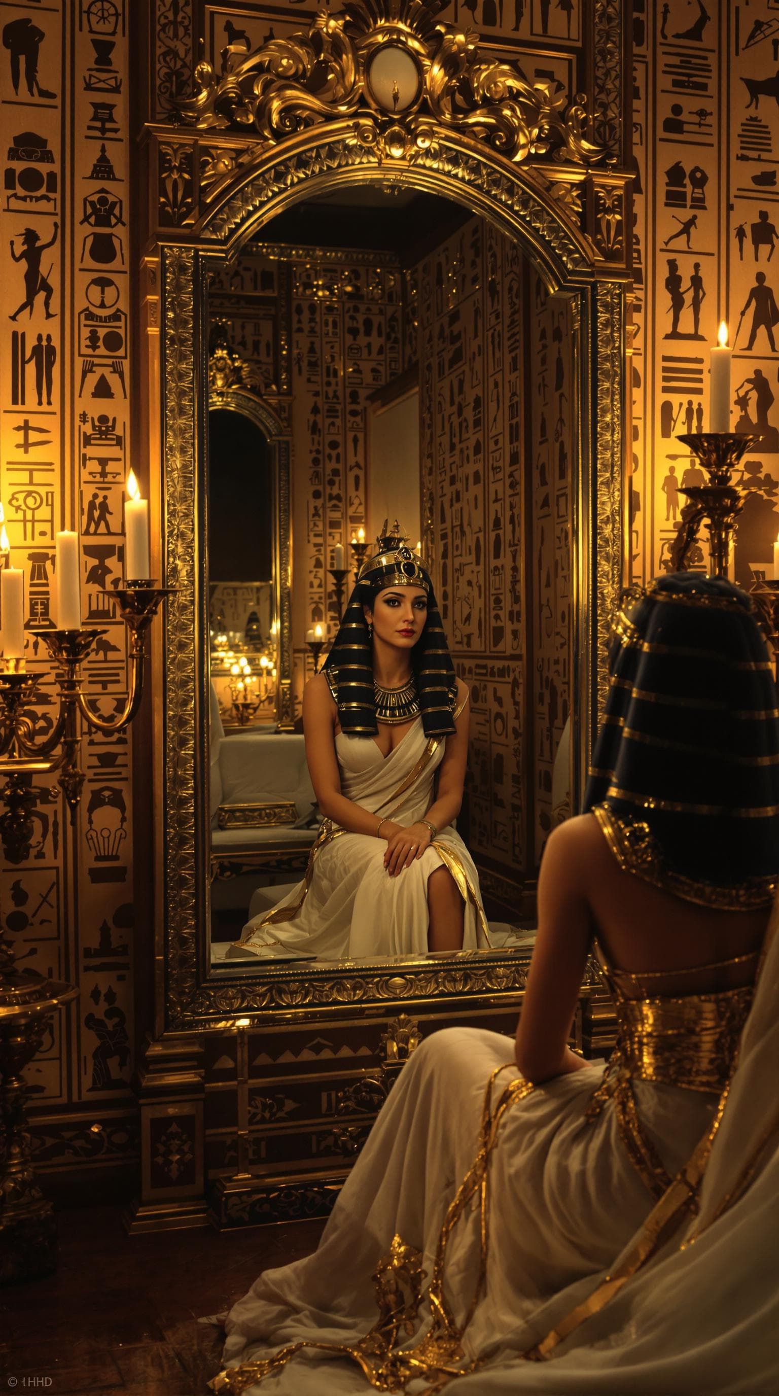 AI generated: A hyper-realistic first-person perspective of Cleopatra VII sitting before an ornate bronze mirror l...