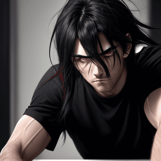 AI generated: 1boy, black_eyes, red_eyes, black_hair, long_hair, messy_hair, bangs, hair_between_eyes, stubble, ey...