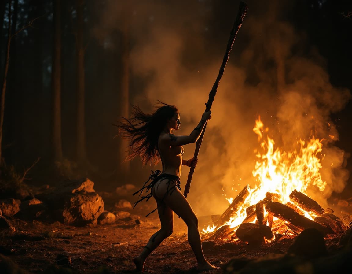AI generated: In the darkness of a dense forest clearing, a female Germanic shaman performs a powerful ritual danc...