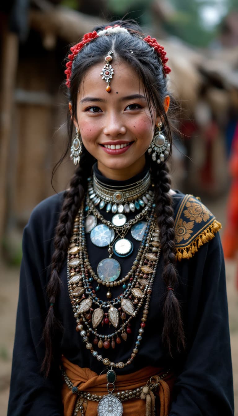 AI generated: High resolution photography of a female Kyowa Indian with typical jewelry and typical clothing in ty...