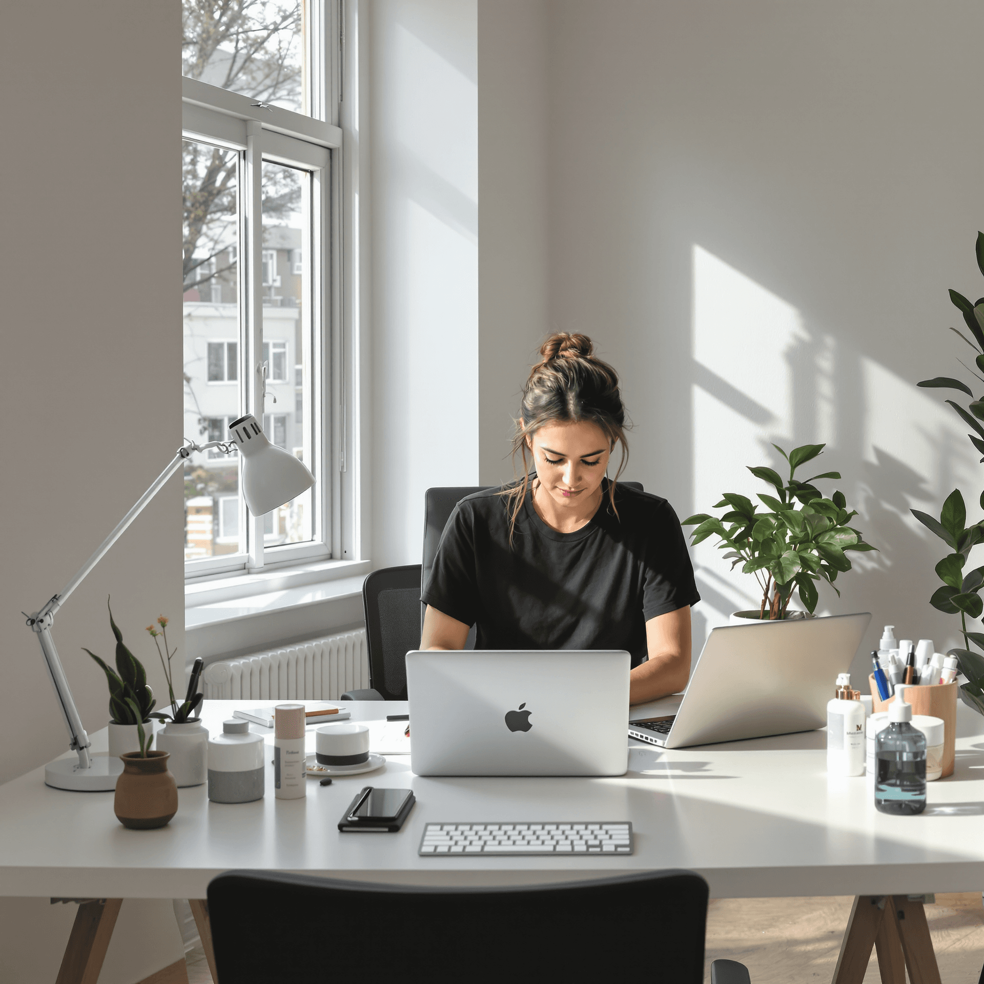 AI generated: modern, minimalist workspace, focused designer woman at a white desk, surrounded by objects of produ...