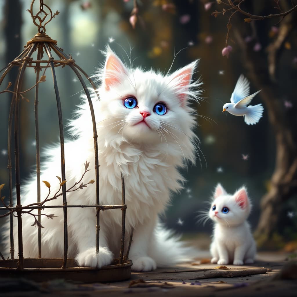 AI generated: Prompt: a magic cat white, fluffy with violet eyes opening a bird‘s cage --v 6.1 --ar 16:9 --p 5c7ml...