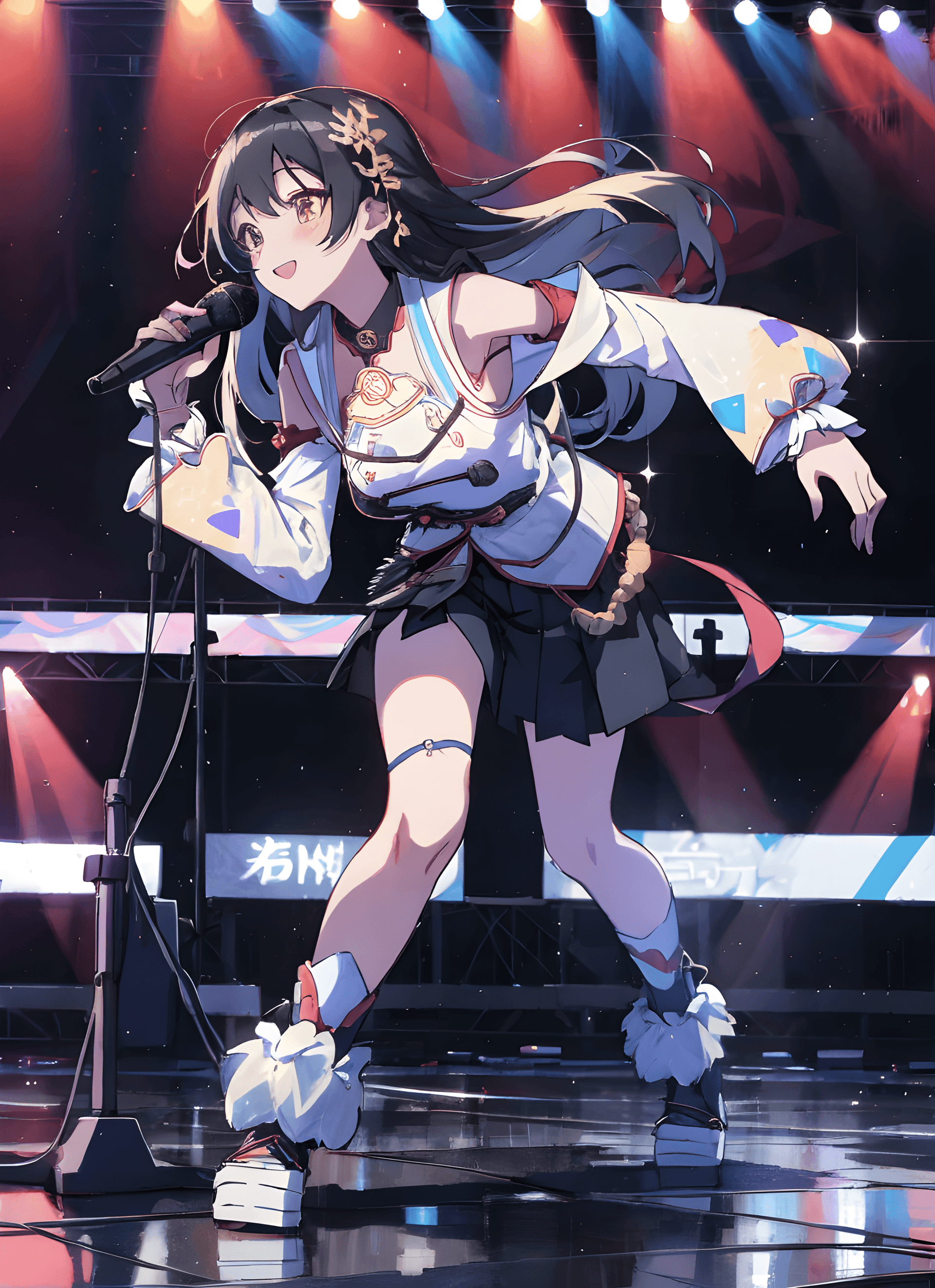 AI generated: a woman standing on top of a stage holding a microphone, trending on pixiv, shin hanga, y 2 k cuteco...