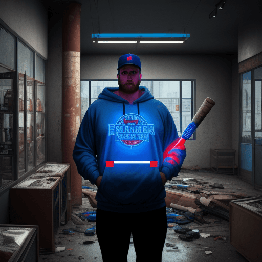 AI generated: refection in a broken store front appliance store of a man 6 foot with beer belly in a hoodie holdin...