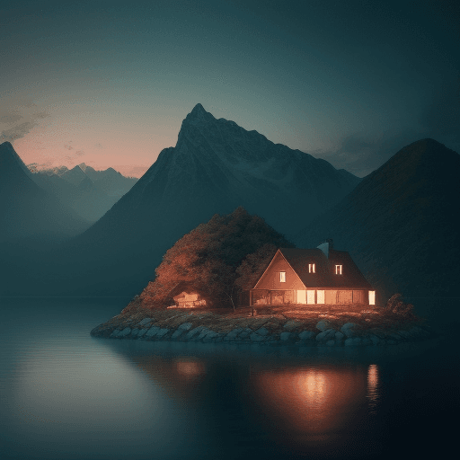 AI generated: create a picture where a person lives alone on the mountainous island, only one person available, wi...