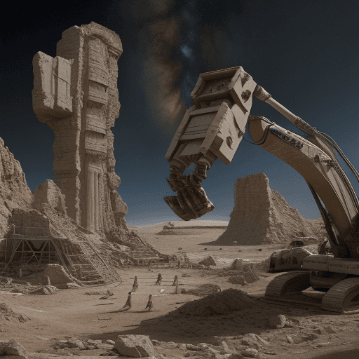 AI generated: an ancient alien ruin on another planet, human astronauts digging at the excavation site. beautiful,...