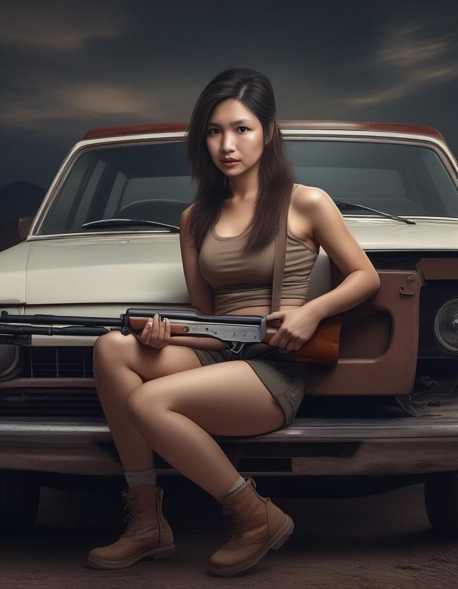 AI generated: A female waiting inside a car holding a sawed-off shotgun, wearing a tank top and skimpy shorts, smo...