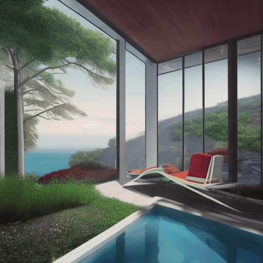 AI generated: Hyper realistic eye level exterior photo of a mid century modern style house overlooking the ocean, ...