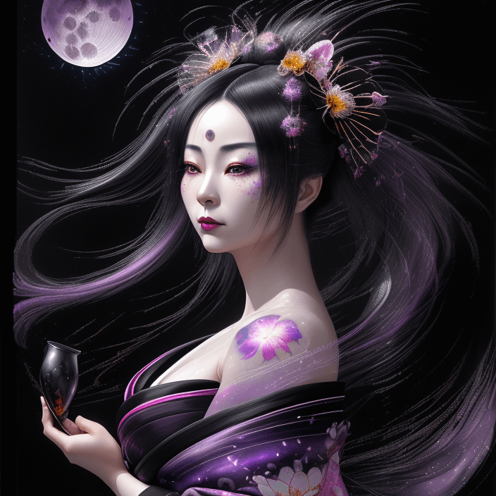 AI generated:  Hyperrealistic imagery. Black, Metallic Silver, Vivid Cerise, Indigo, Deep Purple, gold accents. A ...