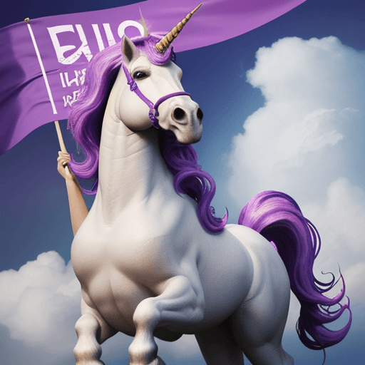 AI generated: purple background, unicorns, clouds, unicorn holding banner with "EINLADUNG" written on it, 
