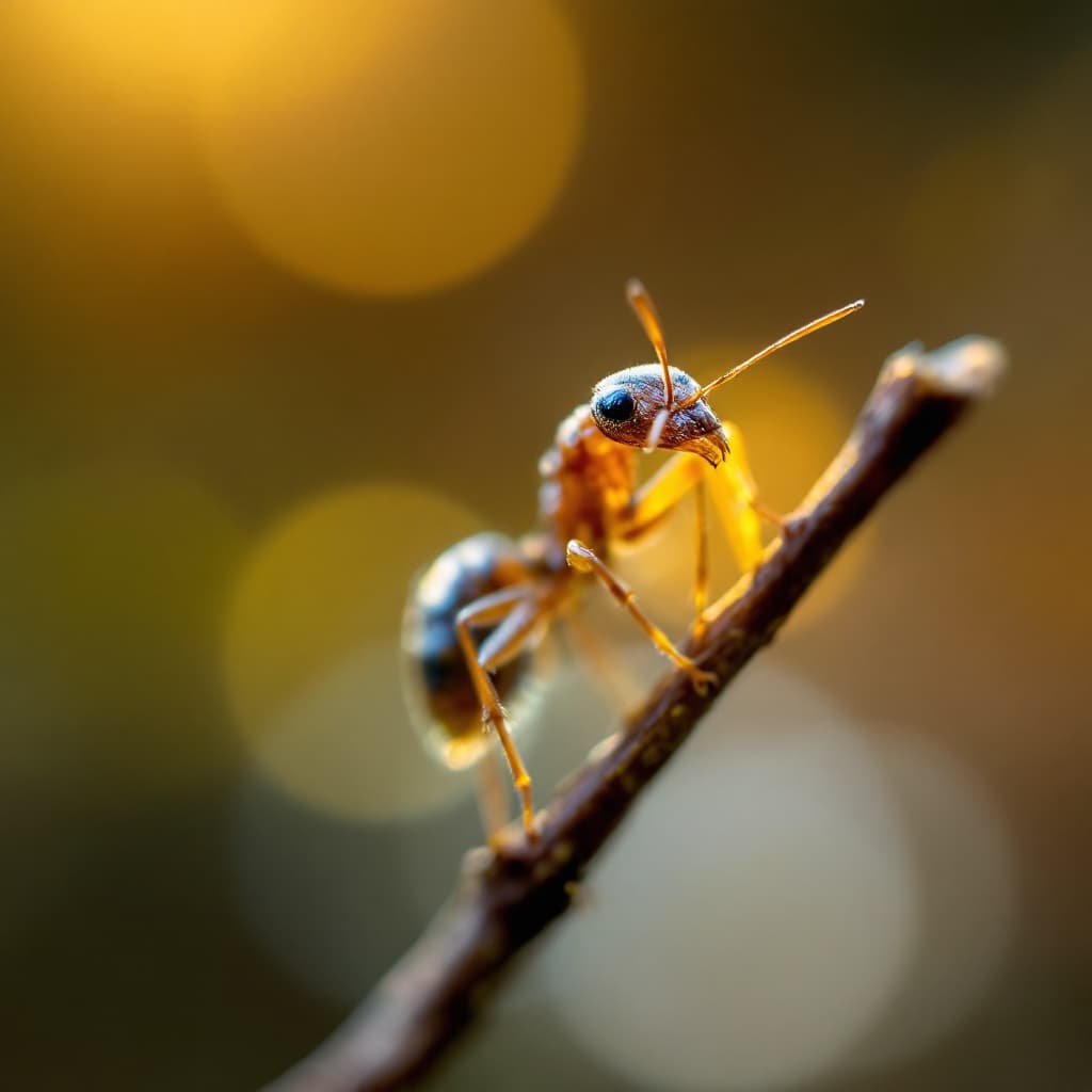 AI generated: Capture a close-up of an ant perched elegantly on a slender twig, illuminated by a soft, golden halo...