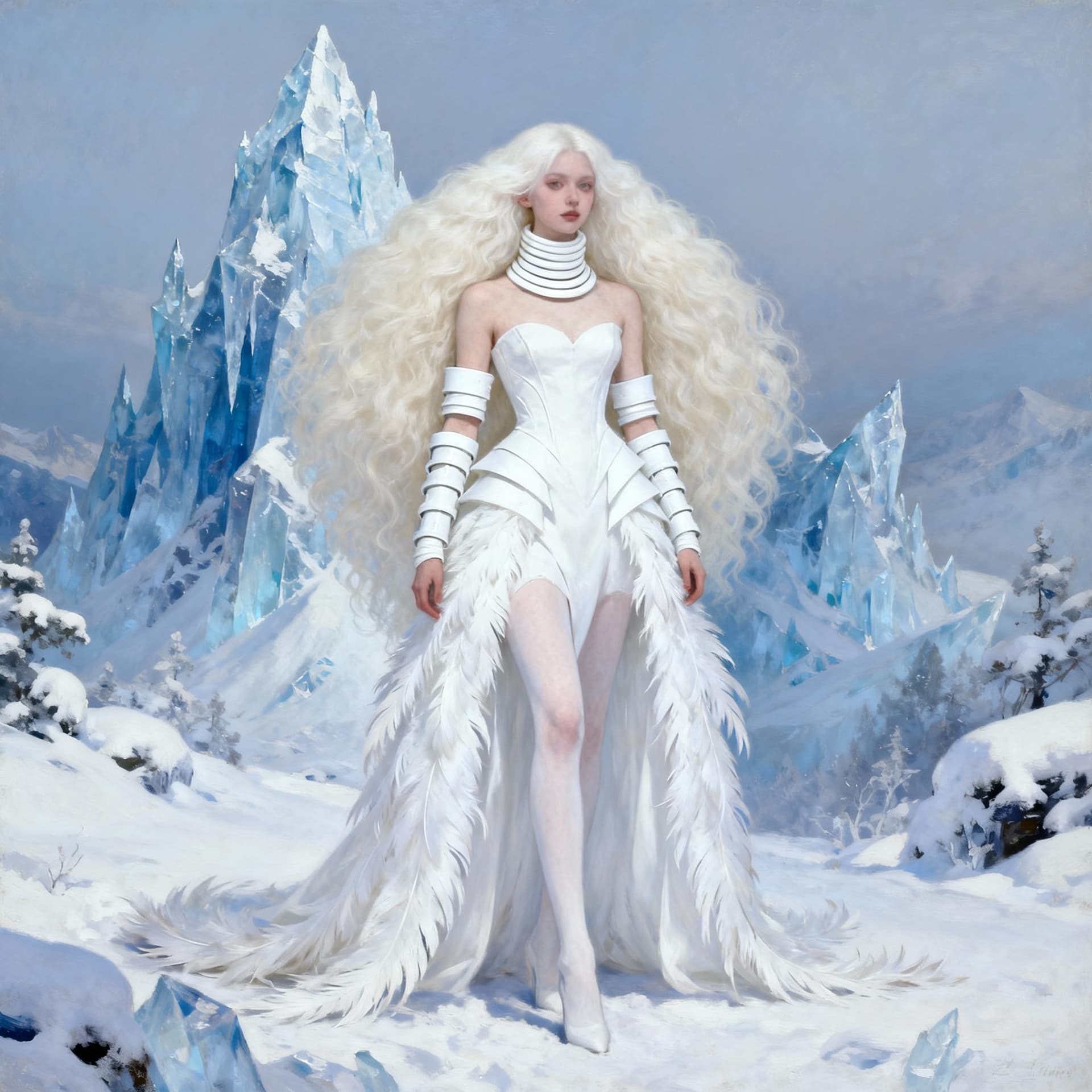 AI generated: Albino,tall,slim,massive blonde curly hair,white avant garde dress,fantasy winter