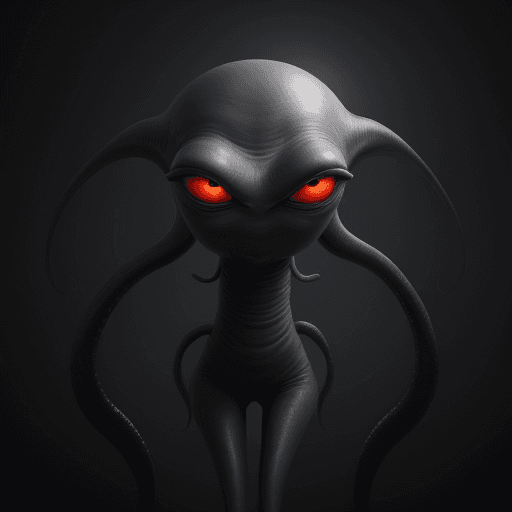 AI generated:  high quality foto of a black grey alien monster, no eyes, without mouth, long tentacle, big warts, ...