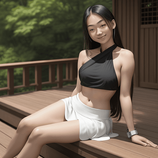 AI generated: a young Asian woman 25 year old perfect breasts is seated on a wooden deck, smiling at the camera. S...