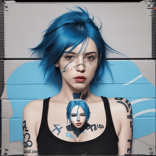 AI generated: woman with blue hair, in the style of multi-layered collages, edgy street art, celebrity-portraits, ...