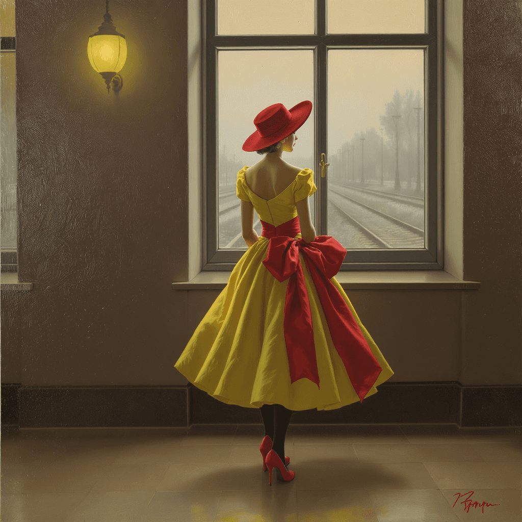 AI generated: A woman, light-skinned, mid-20s, wearing a vibrant yellow, full-skirted swing dress of a 1940s-style...