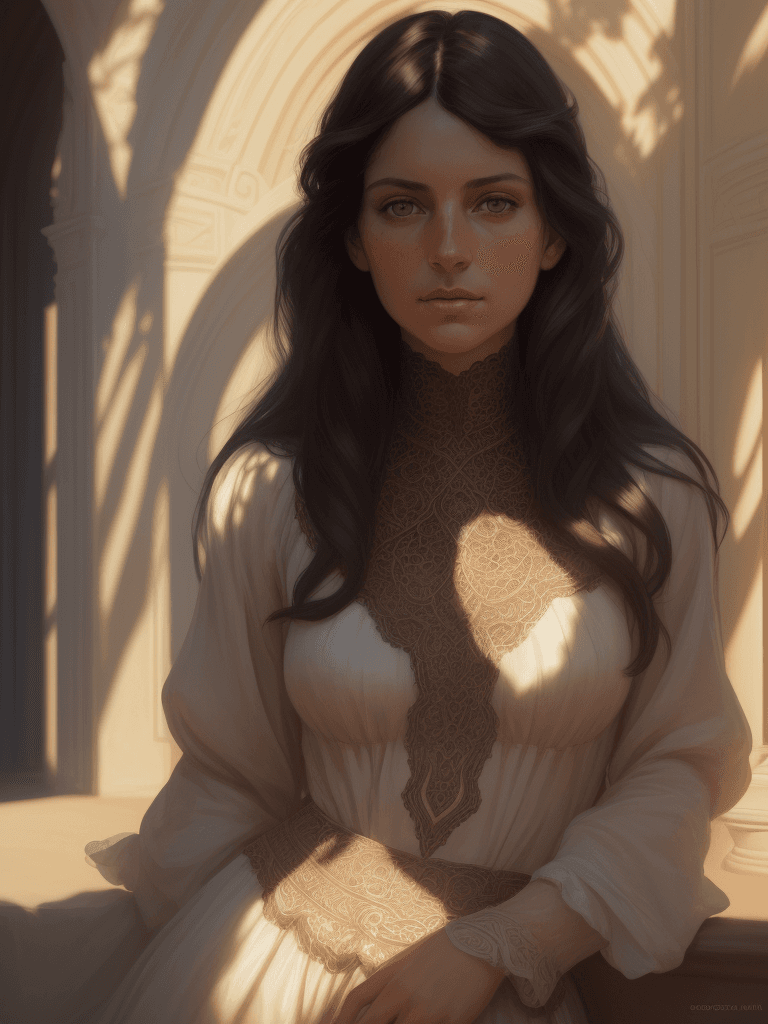 AI generated: Portrait of a woman, dark medium hair, clean skin, hazel eyes, intricate artwork by Joaquin Sorolla,...