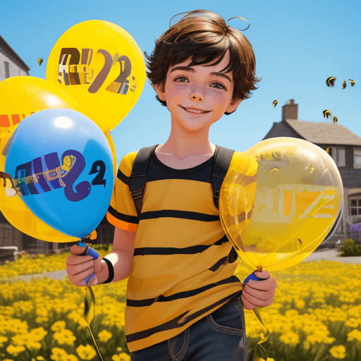 AI generated: cute, adorable, smiling bumblebee boy holding a bunch of colorful balloons, iSetting the scene in th...