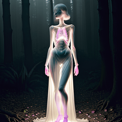 AI generated: full body shot of an albino woman with transparent skin, glowing pink neon skeleton visible through ...