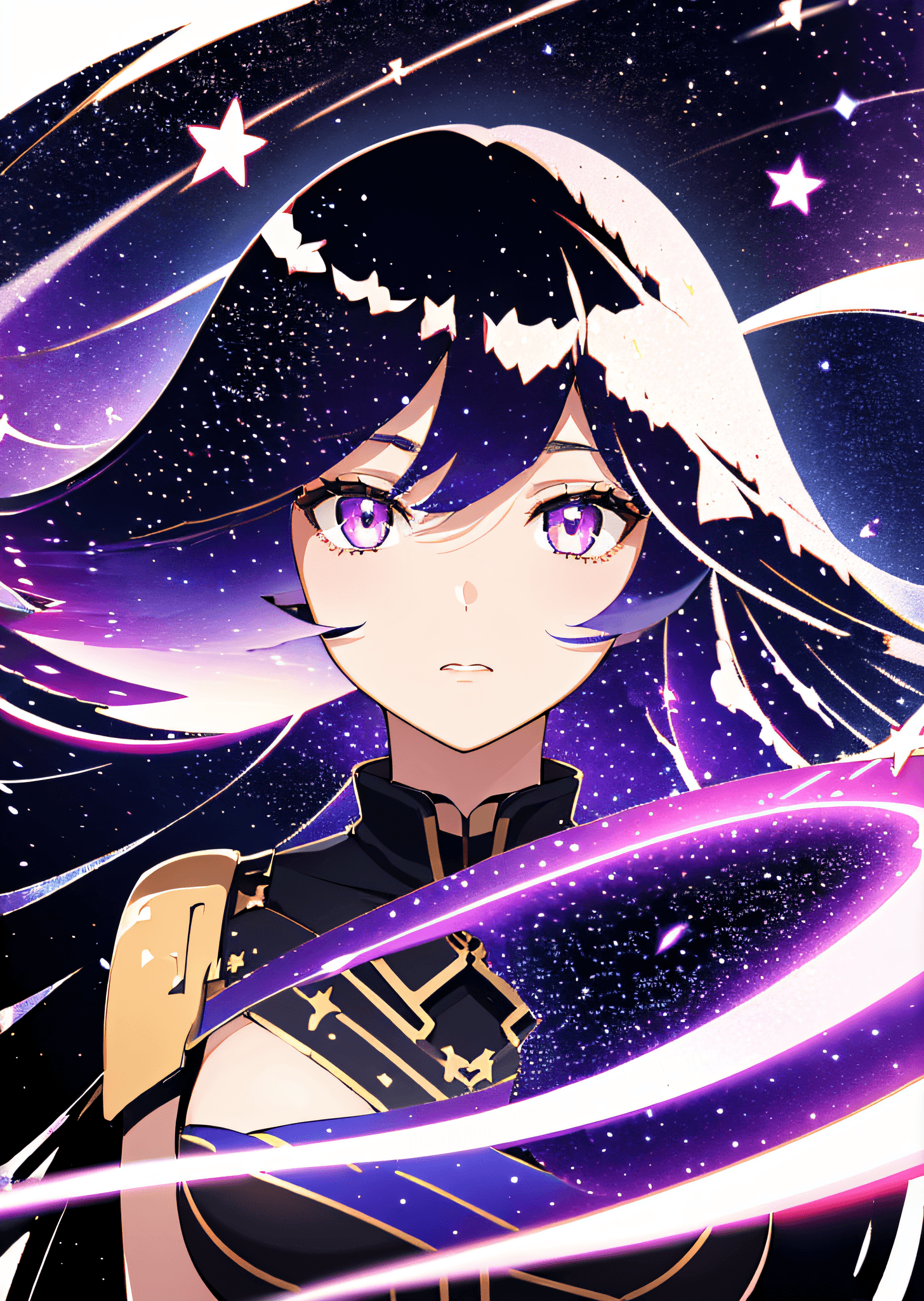 AI generated: 1girl, (white background:1.8), upper body, long hair, floting hair, starry sky, HshinoAi,(red gloves...