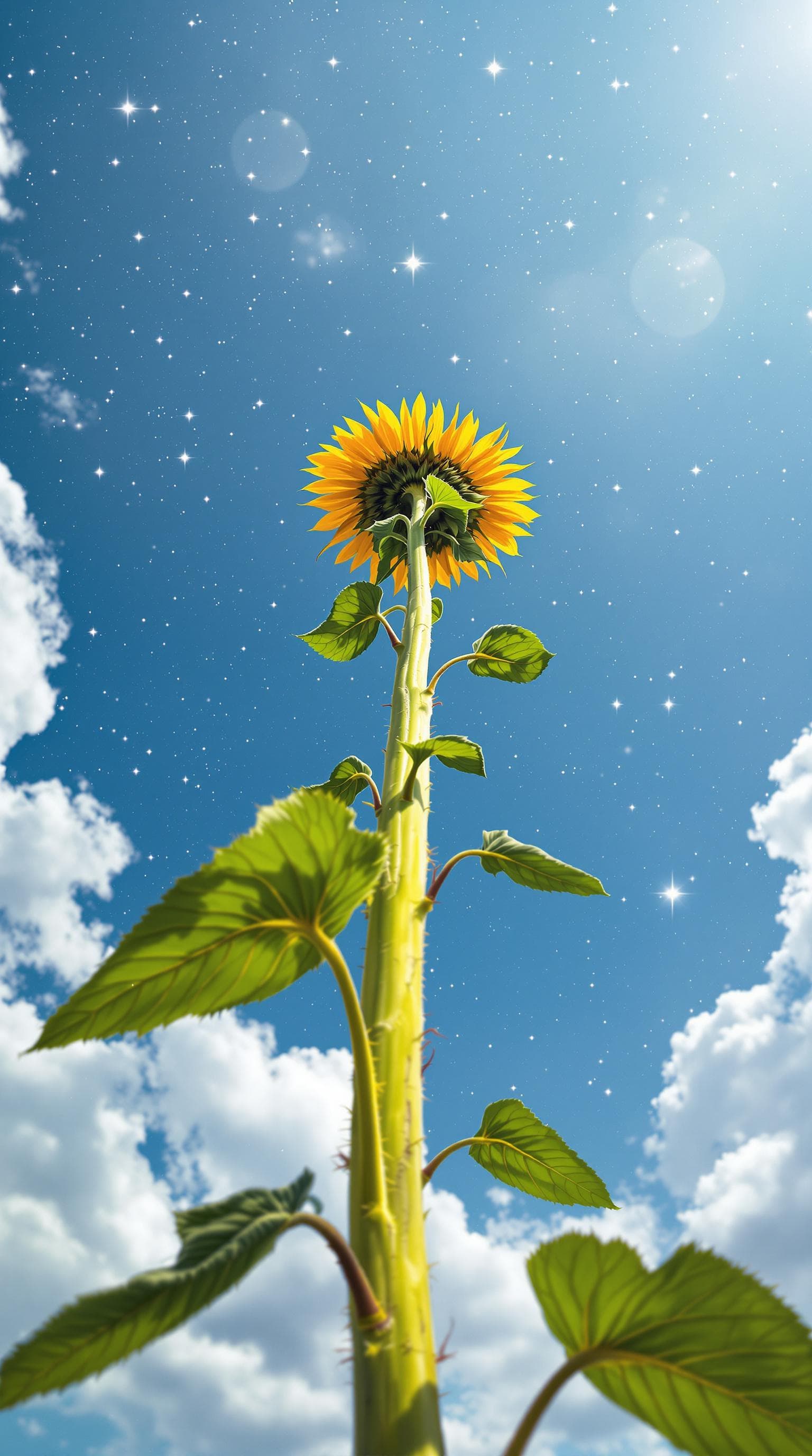 AI generated: a very tall (3 meter) sunflower, trying to reach the stars, macro vertical panoram, shot from the gr...